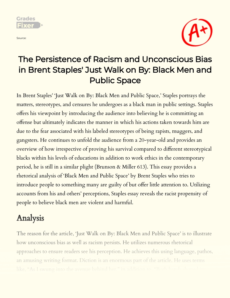 Racism and Unconscious Bias Persistence in Brent Staples' Writing Essay