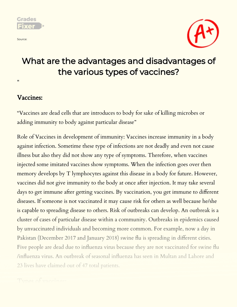 Advantages and Disadvantages of The Various Types of Vaccines essay