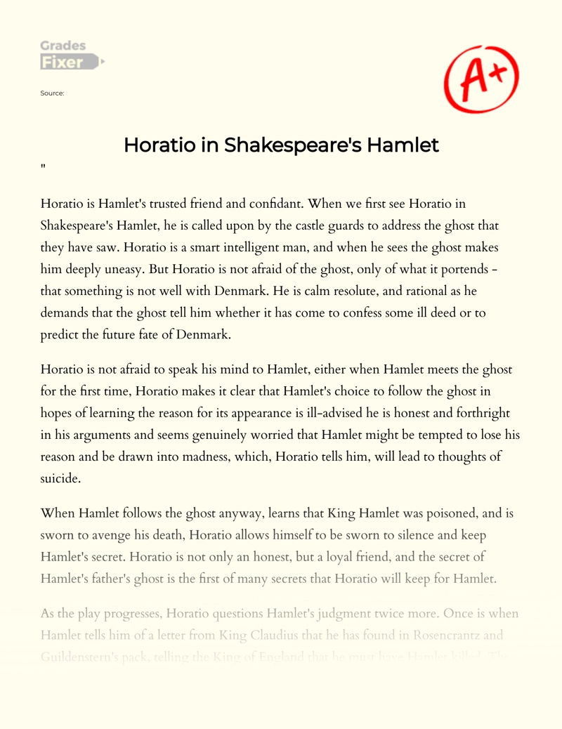 Analysis of Horatio in Shakespeare's Hamlet Essay