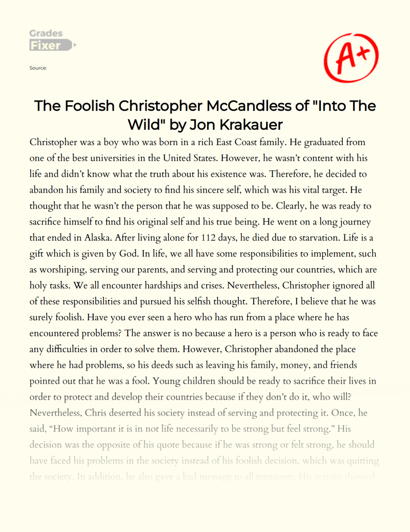 The Foolish Christopher Mccandless of "Into The Wild", by Jon Krakauer Essay