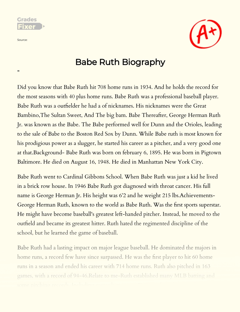 Babe Ruth, One of The Best Baseball Players Essay