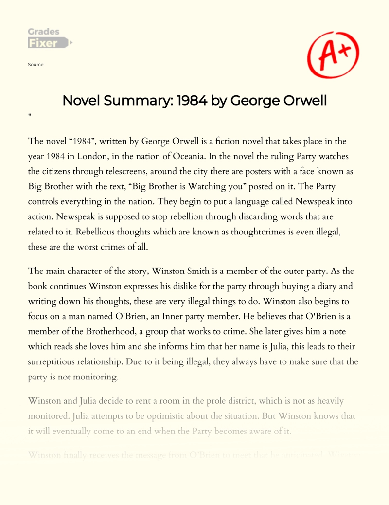 Novel Summary: 1984 by George Orwell essay