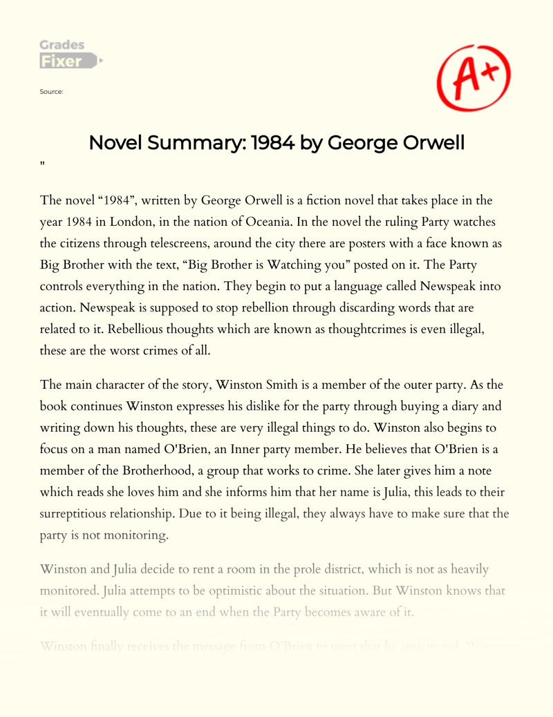 Novel Summary: 1984 by George Orwell Essay