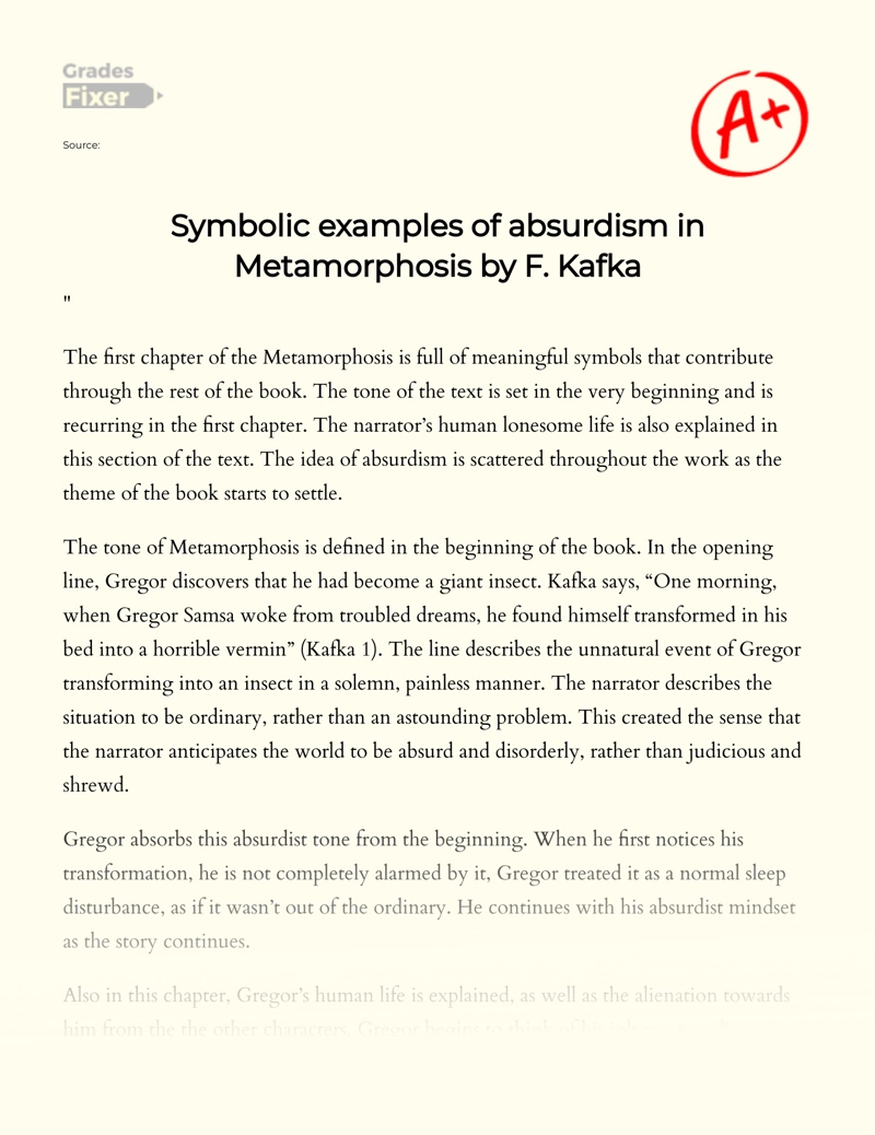 Symbolic Examples of Absurdism in Metamorphosis by F. Kafka essay