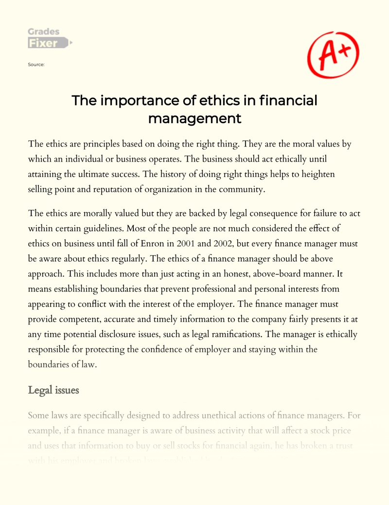 The Importance of Ethics in Financial Management essay