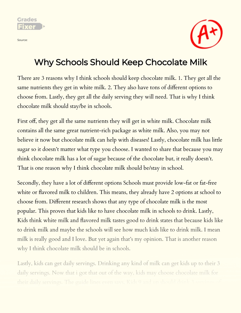 Should Chocolate Milk Be Served in Schools: Essay with Arguments Essay