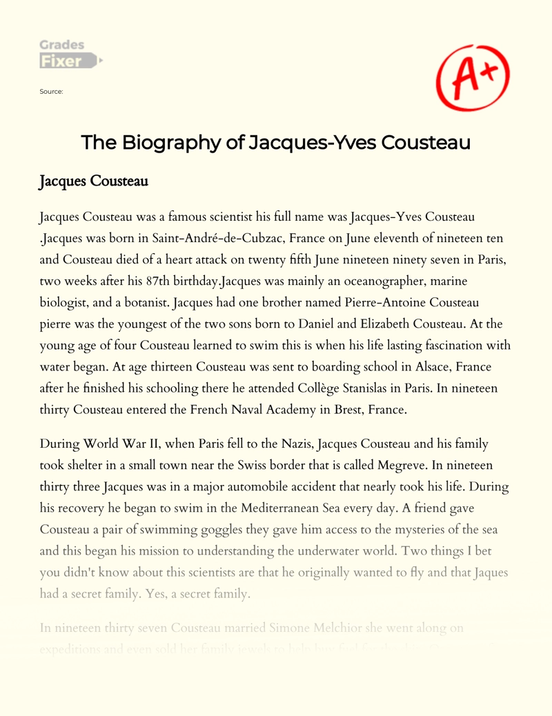 The Biography of Jacques-yves Cousteau Essay