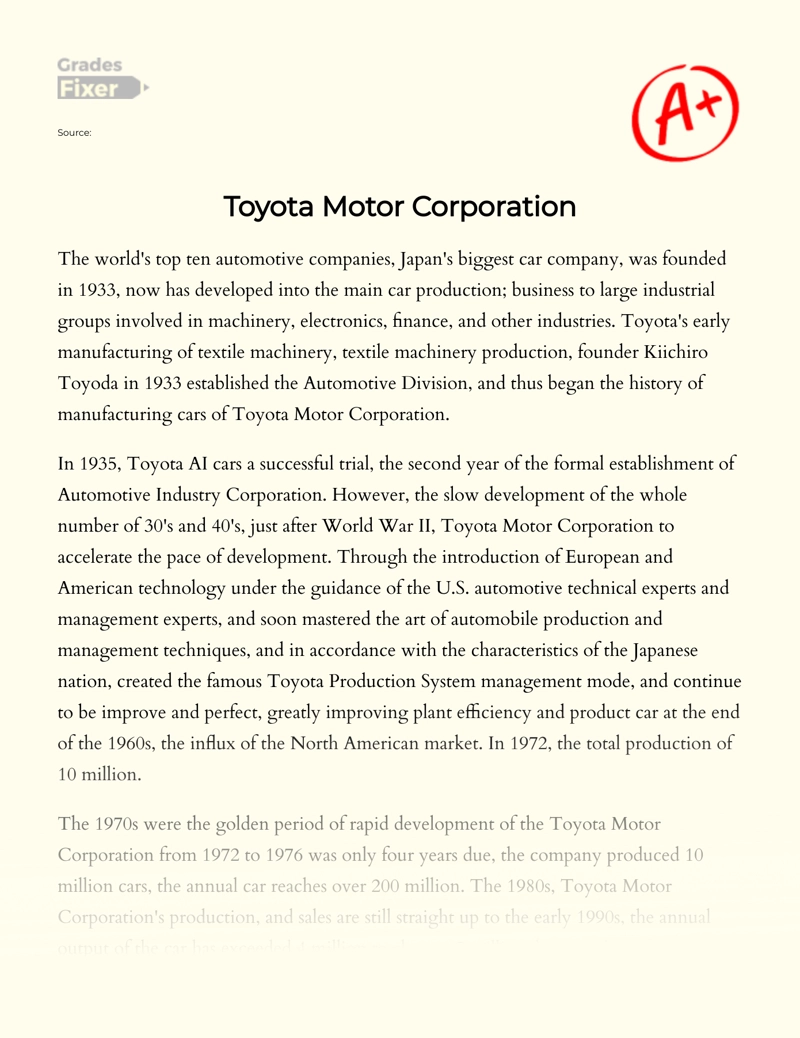 Toyota Motor Corporation  Essay