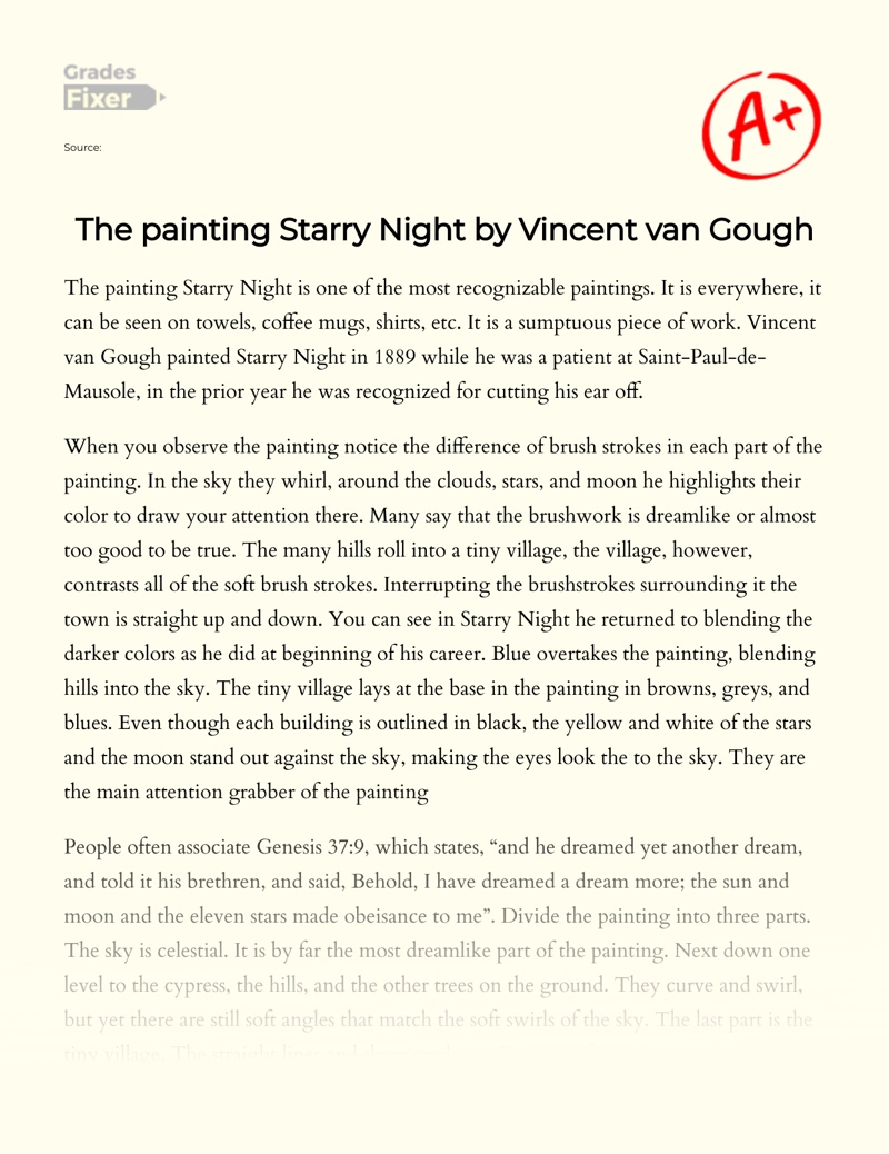 Analysis of The Painting "Starry Night" by Vincent Van Gough essay