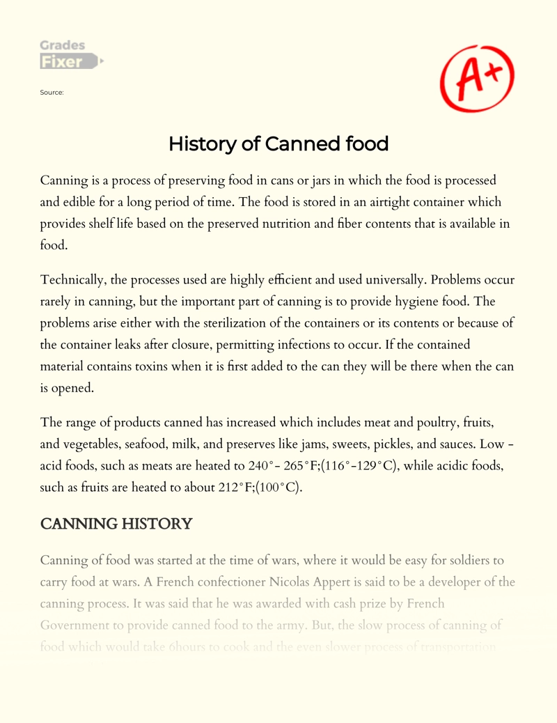 The Process of Canning and History of Canned Food Essay