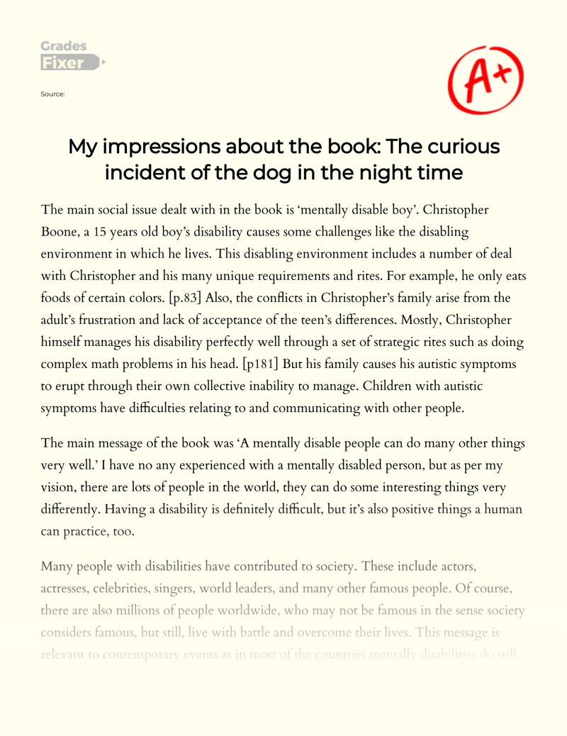 My Impressions About The Book: The Curious Incident of The Dog in The Night Time Essay