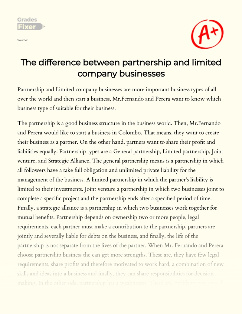 The Difference Between Partnership and Limited Company Businesses Essay