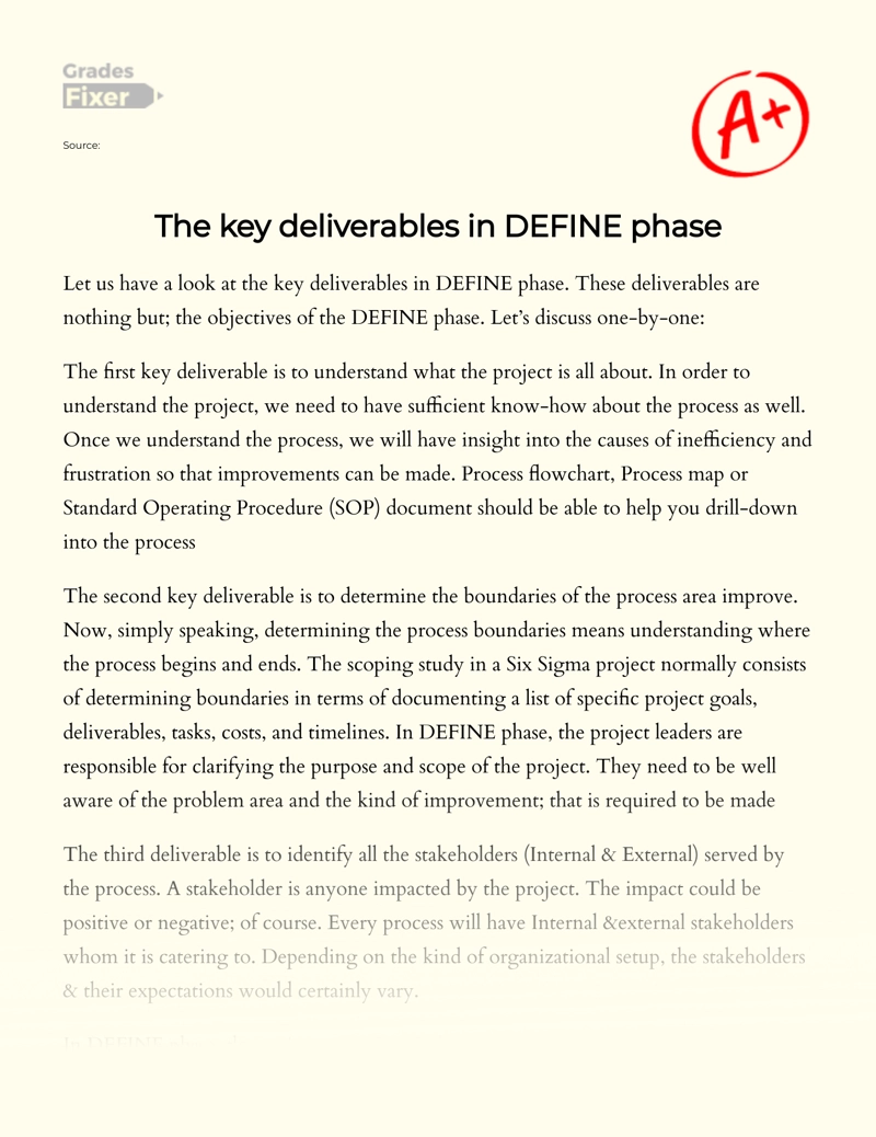 The Key Deliverables in Define Phase essay