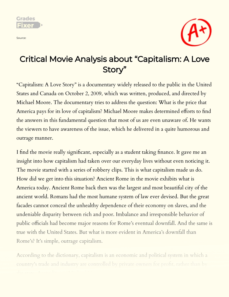 Critical Movie Analysis of "Capitalism: a Love Story" essay