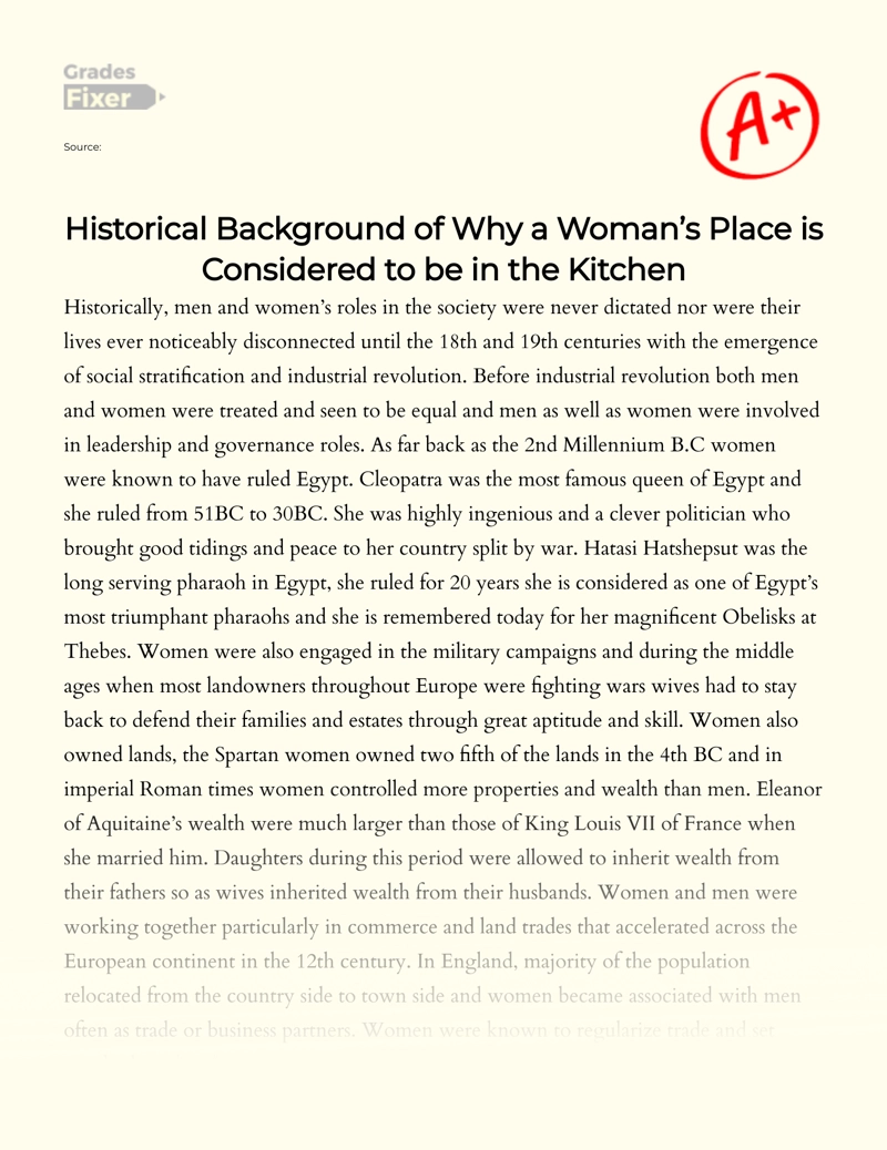 Historical Background of Why a Woman’s Place is Considered to Be in The Kitchen essay