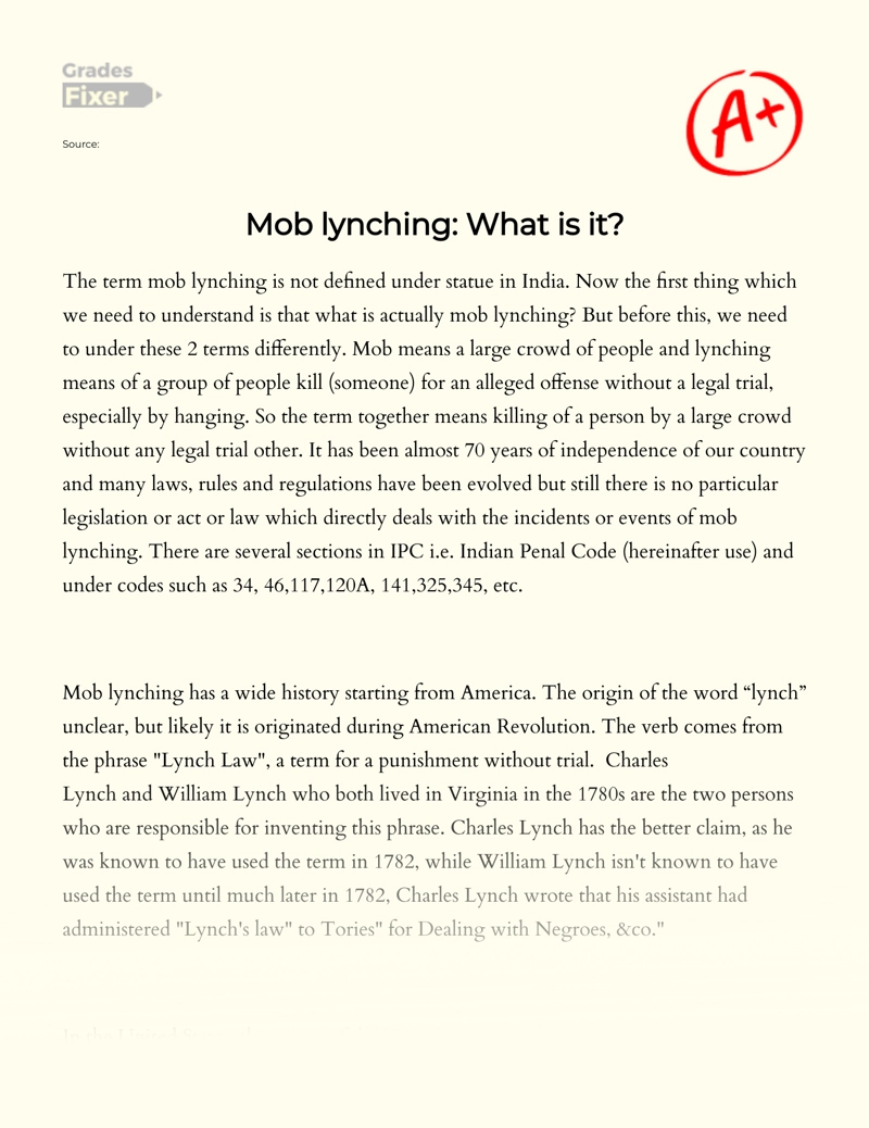 An Overview of History and Definition of Mob Lynching Essay