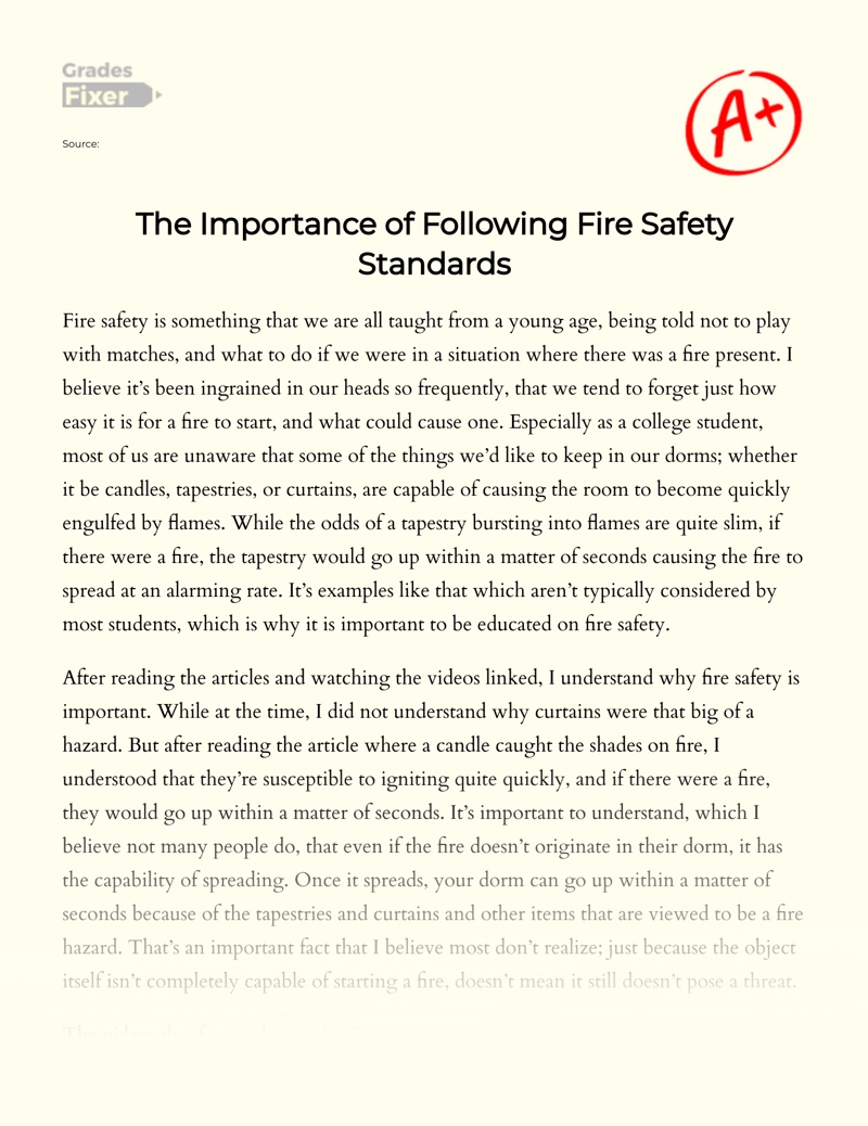 The Importance of Following Fire Safety Standards Essay