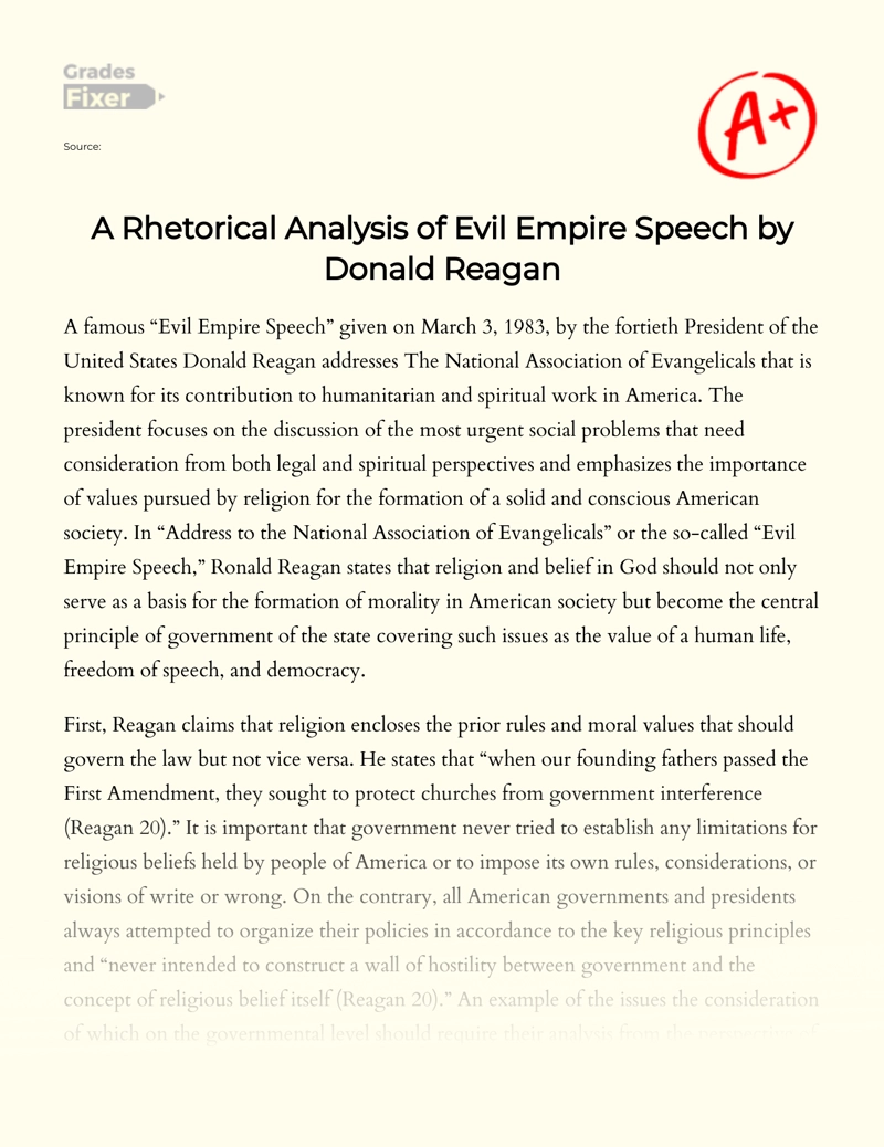 A Rhetorical Analysis of Evil Empire Speech by Donald Reagan Essay