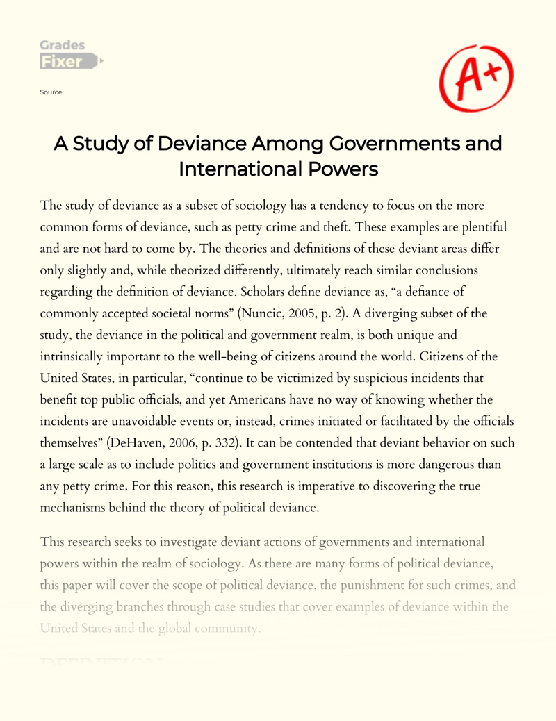 A Study of Deviance Among Governments and International Powers essay