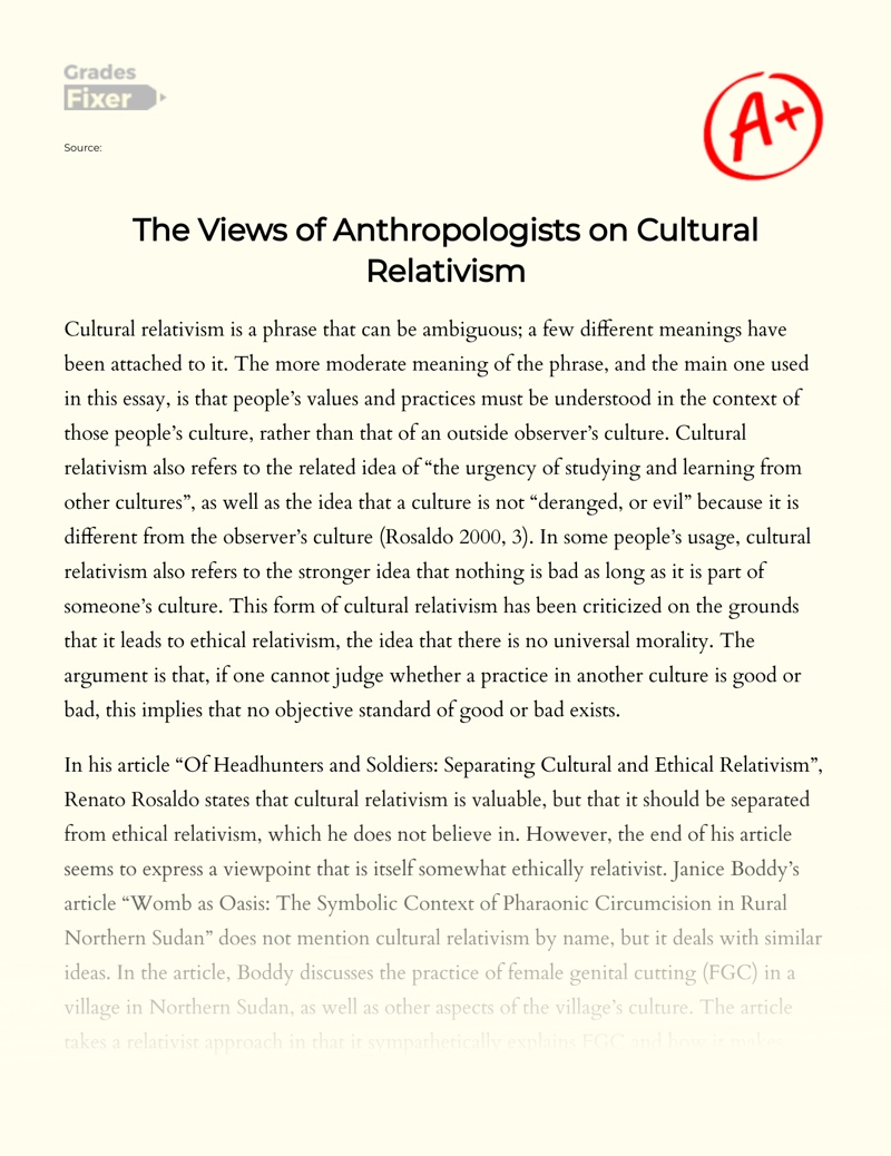 The Views of Anthropologists on Cultural Relativism Essay