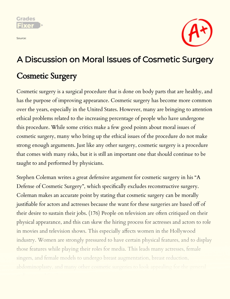 A Discussion on Moral Issues of Cosmetic Surgery Essay