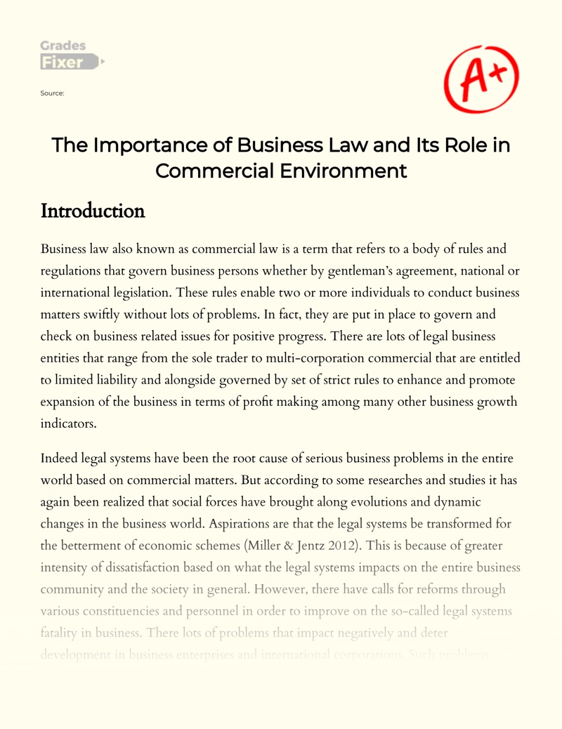 The Importance of Business Law and Its Role in Commercial Environment Essay