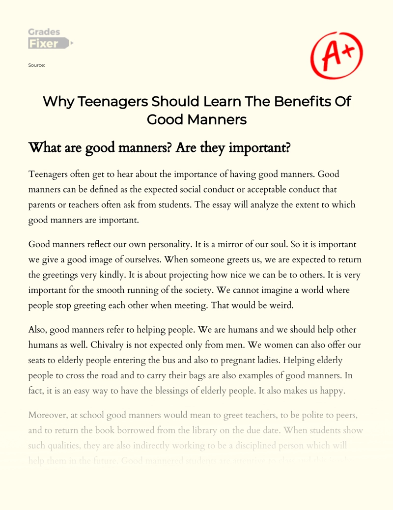 Why Teenagers Should Learn The Benefits of Good Manners Essay
