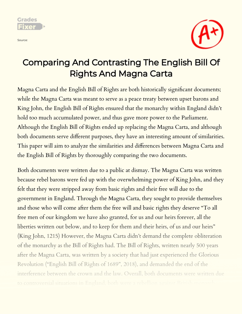 Comparing and Contrasting Magna Carta Vs Bill of Rights essay