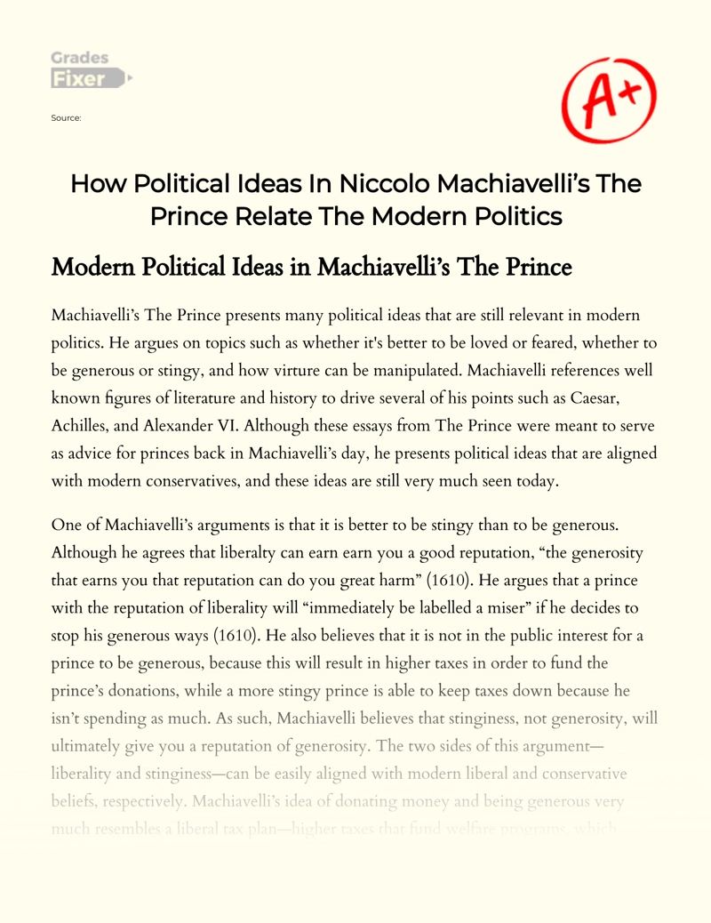 How Political Ideas in Niccolo Machiavelli’s The Prince Relate The Modern Politics Essay