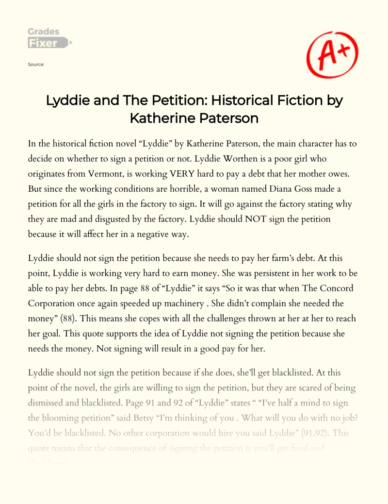 Katherine Paterson's Novel: Should Lyddie Sign The Petition Essay