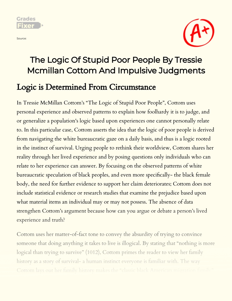 The Logic of Stupid Poor People by Tressie Mcmillan Cottom and Impulsive Judgments essay