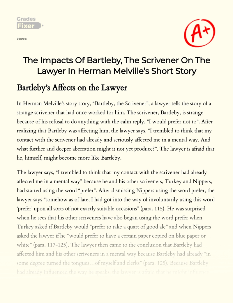 The Impacts of Bartleby, The Scrivener on The Lawyer in Herman Melville’s Short Story Essay