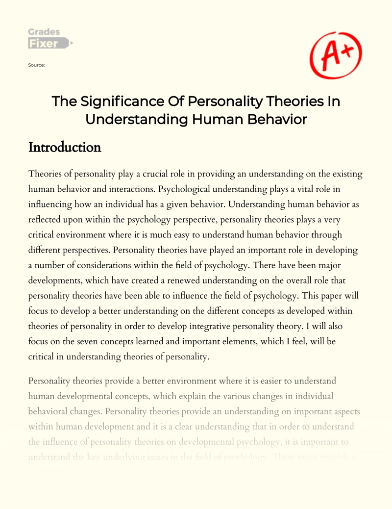 Which is a Good Reason to Learn About Personality Theories: Understanding on The Human Behavior essay
