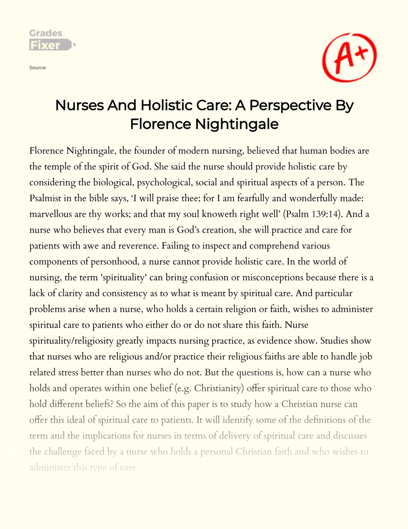 Nurses and Holistic Care: a Perspective by Florence Nightingale essay