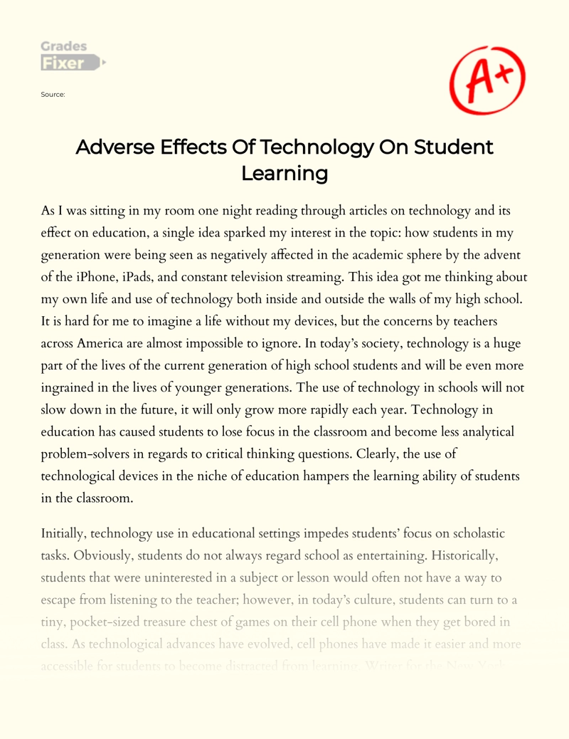 Adverse Effects of Technology on Student Learning essay