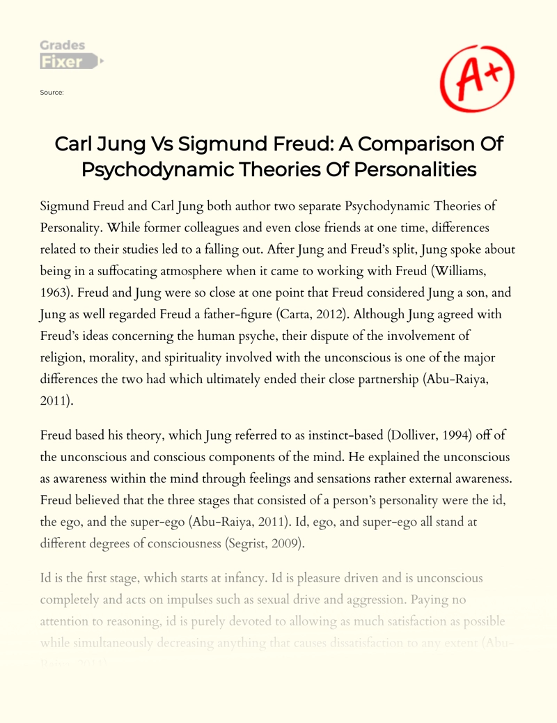 Carl Jung Vs Sigmund Freud: a Comparison of Psychodynamic Theories of Personalities Essay