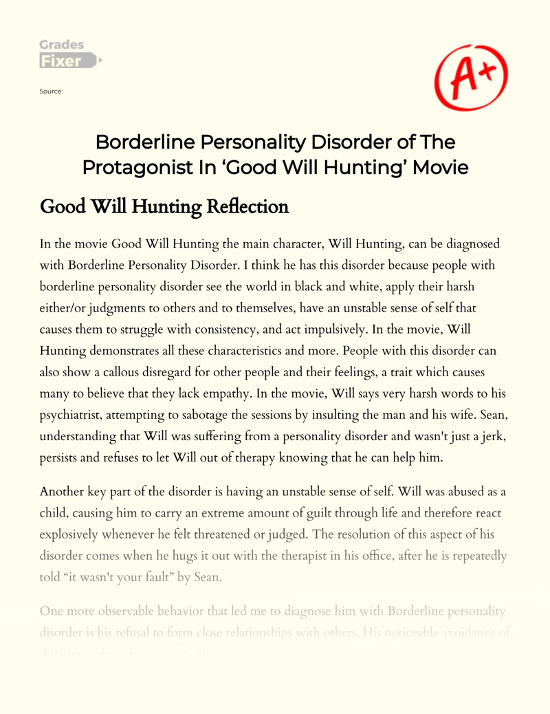 Borderline Personality Disorder of The Protagonist in ‘good Will Hunting’ Movie essay
