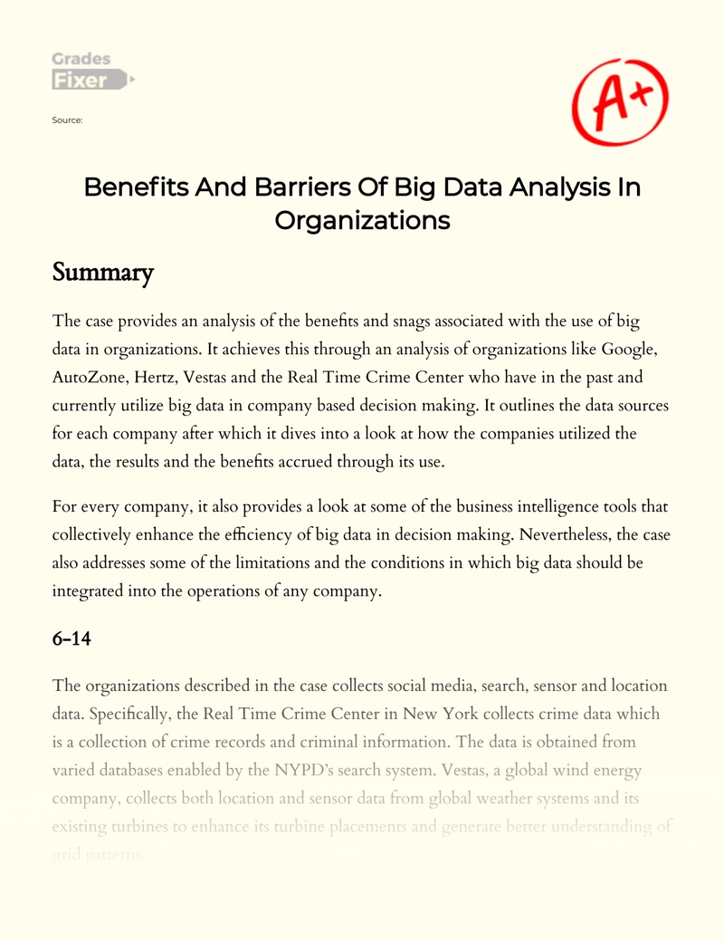 Benefits and Barriers of Big Data Analysis in Organizations Essay