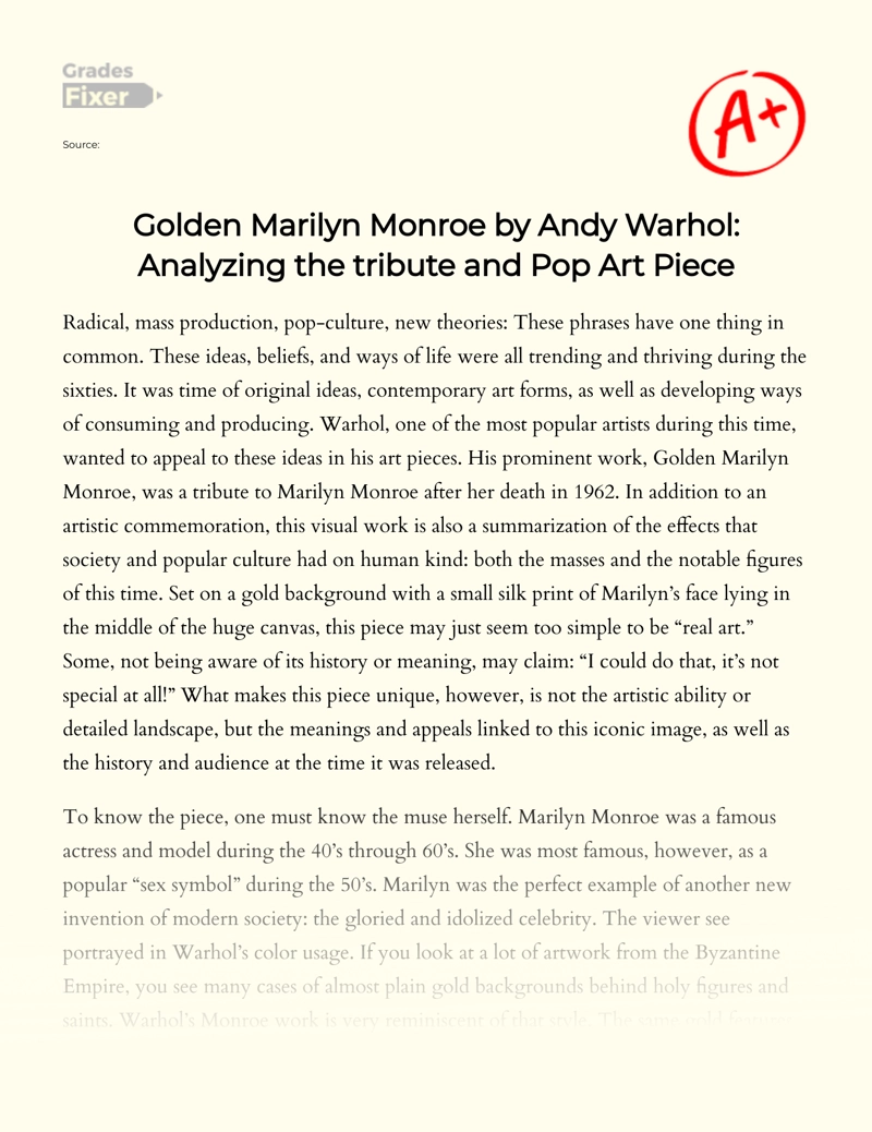Golden Marilyn Monroe by Andy Warhol: Analyzing The Tribute and Pop Art Piece essay