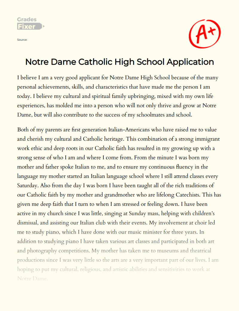 Notre Dame Сatholic High School Application Essay