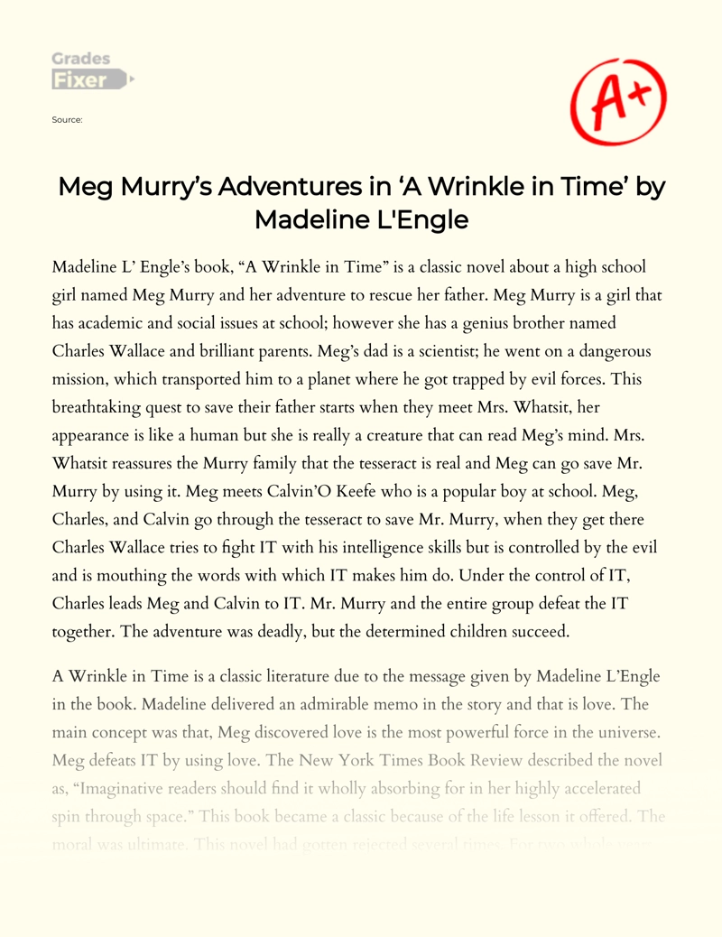 Meg Murry’s Adventures in ‘a Wrinkle in Time’ by Madeleine L'engle Essay