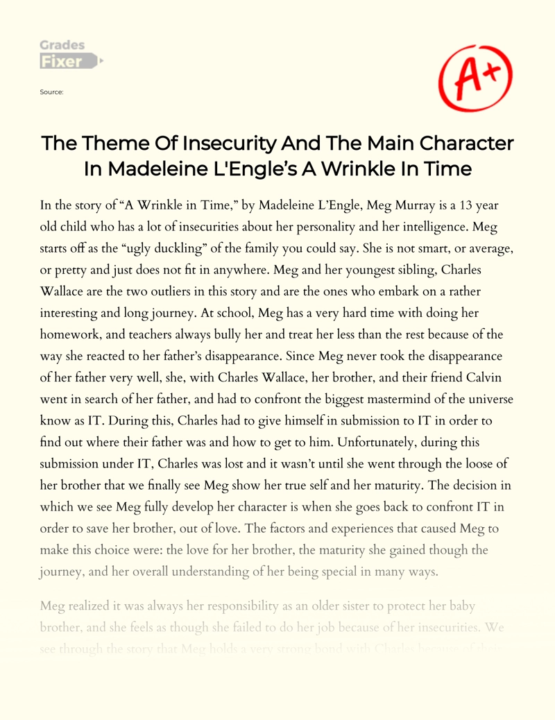 The Theme of Insecurity and The Main Character in Madeleine L'engle’s a Wrinkle in Time Essay