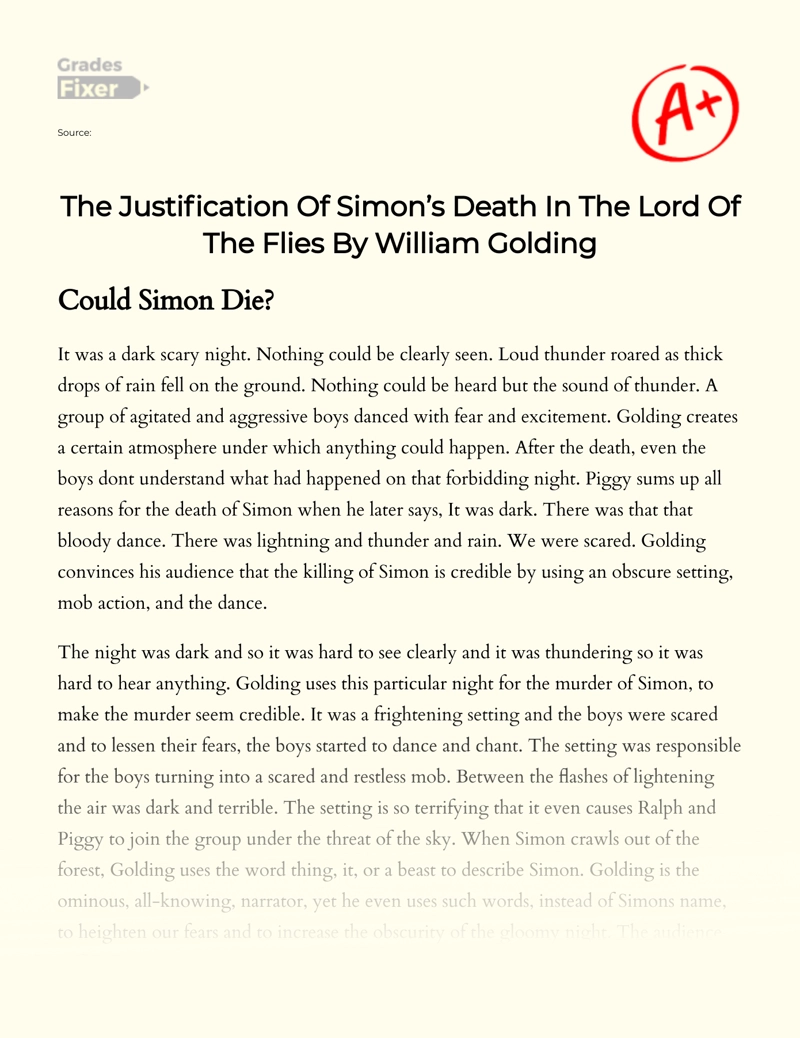 The Justification of Simon’s Death in The Lord of The Flies by William Golding essay