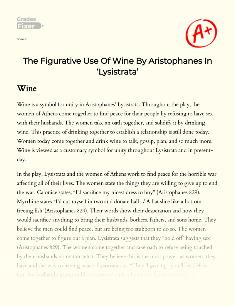 The Figurative Use of Wine by Aristophanes in ‘lysistrata’ essay