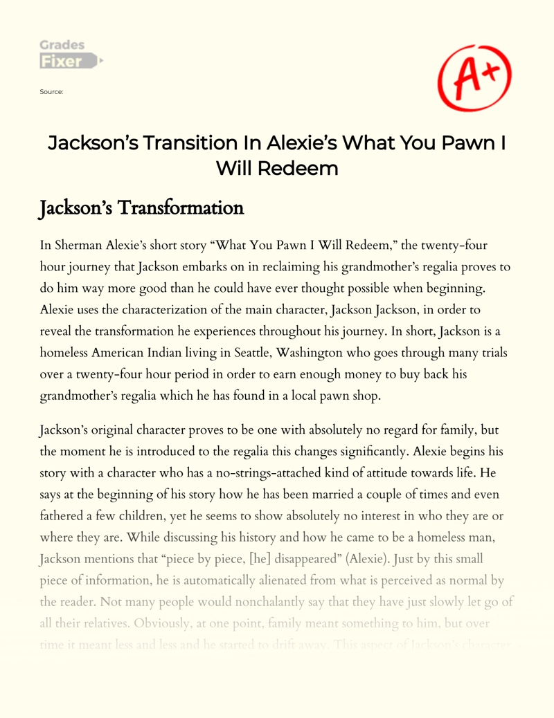 Jackson’s Transition in Alexie’s What You Pawn I Will Redeem Essay