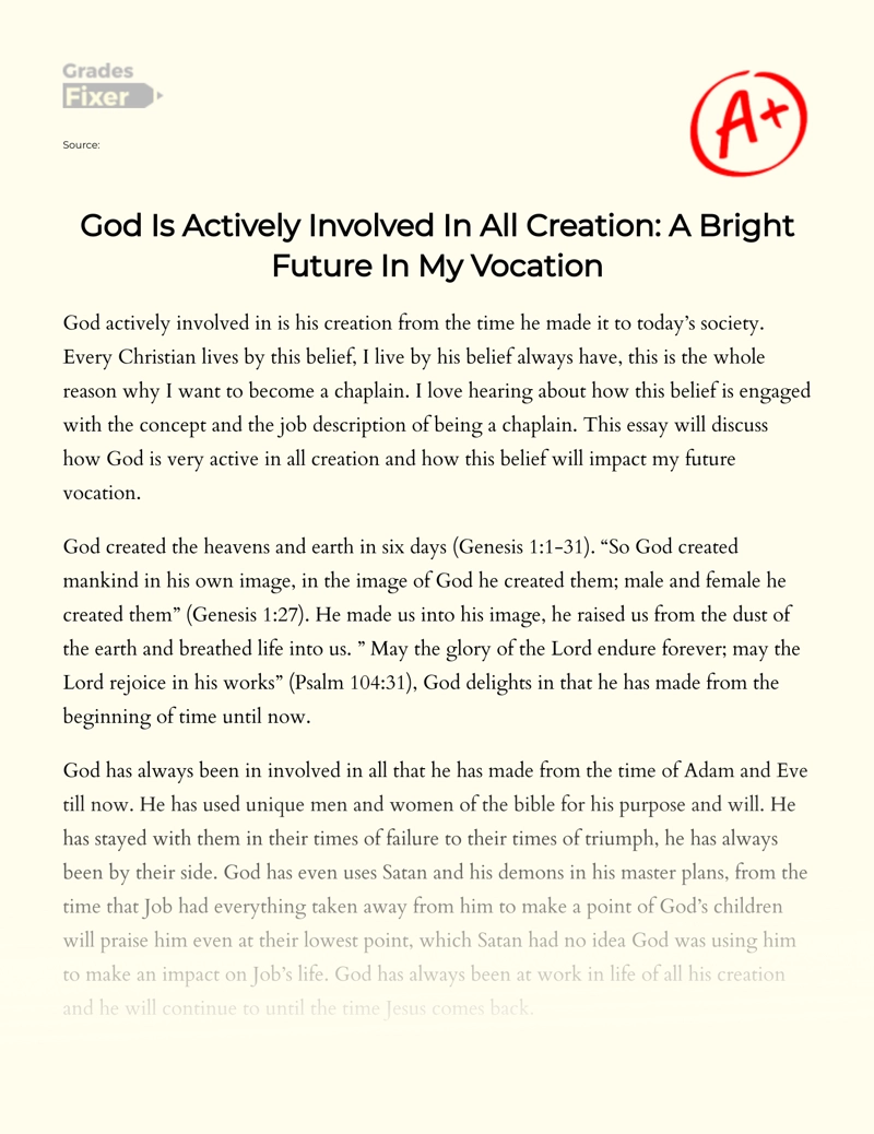 God is Actively Involved in All Creation: a Bright Future in My Vocation essay