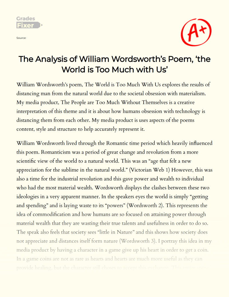 The Analysis of William Wordsworth’s Poem, ‘the World is Too Much with Us’ Essay