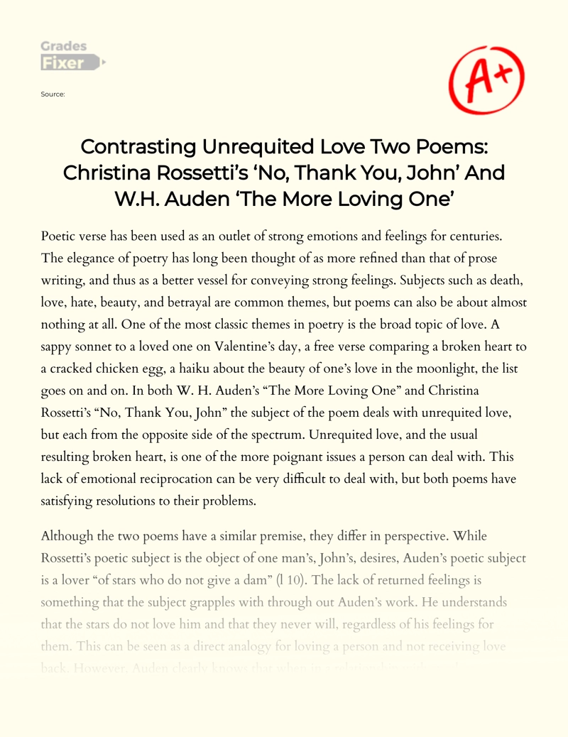 Unrequited Love in Rossetti and Auden Essay