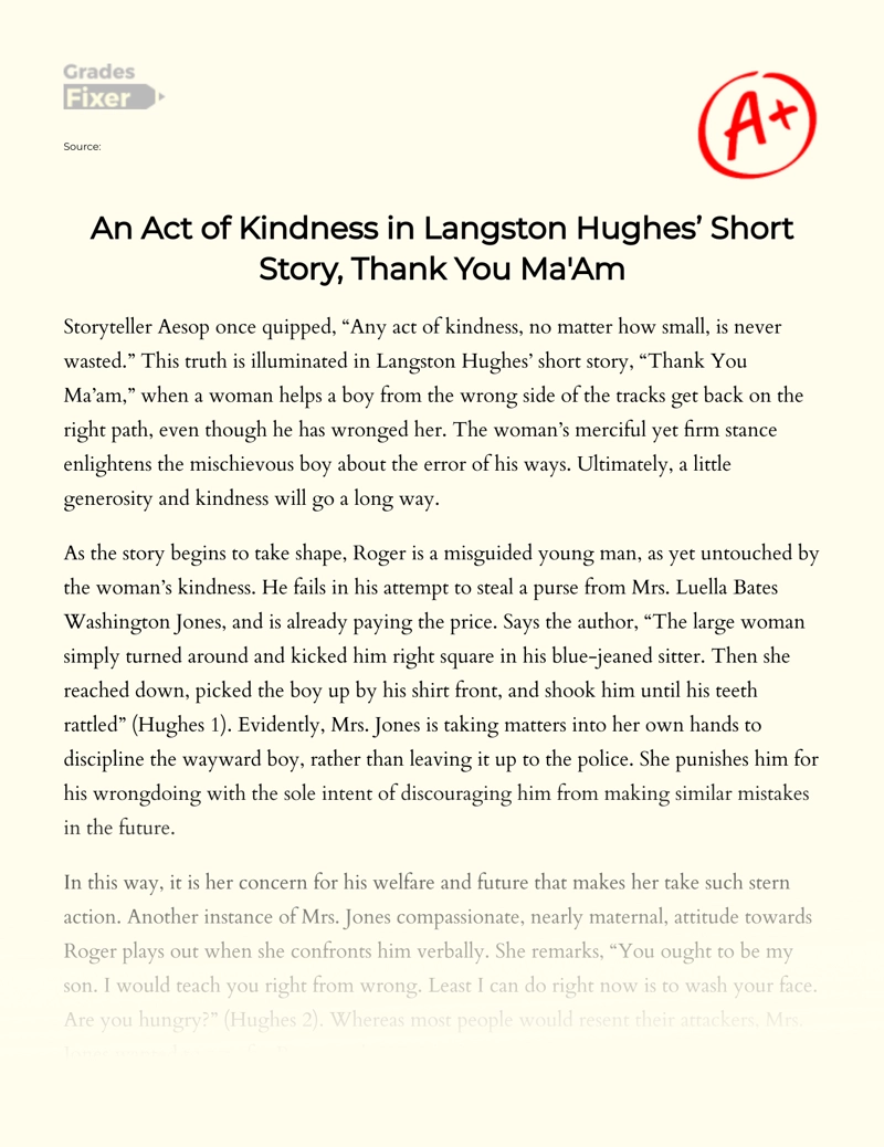 An Act of Kindness in Langston Hughes’ Short Story, Thank You Ma'am essay