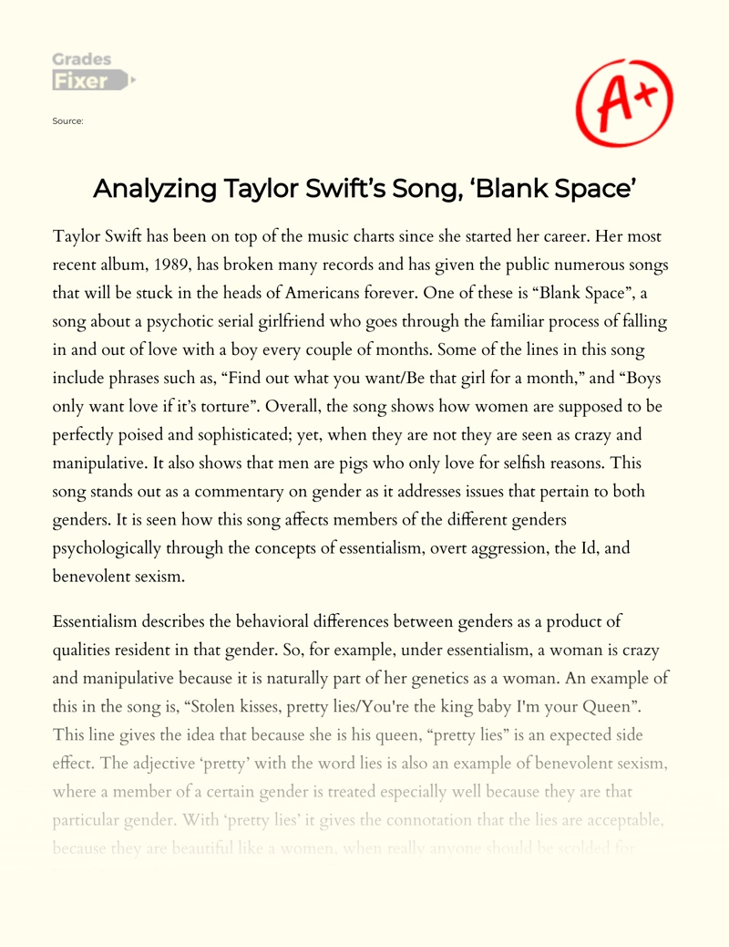 Analyzing Taylor Swift's Song "Blank Space" Essay